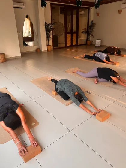 Students use yoga blocks to support a deep stretch in puppy pose, releasing tension in the shoulders and spine.