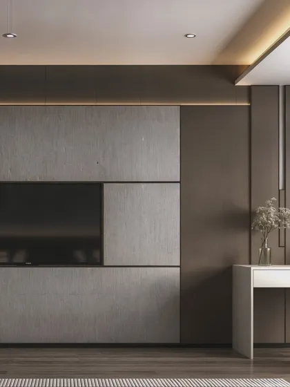 The minimalist TV wall and vanity desk are rendered to show their clean, functional design.