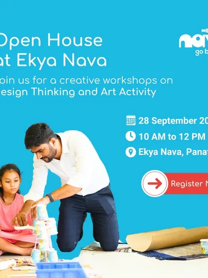 Join us for a creative workshop on Design Thinking and Art Activity. This poster is a simple and direct invitation to our Open House event at Ekya Nava.