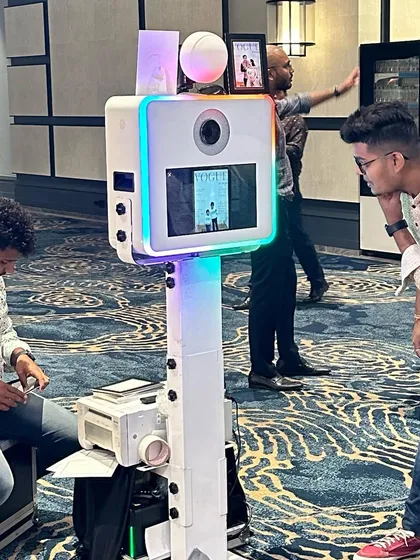 A look at my sleek, modern photo booth kiosk at a sangeet. It has a small footprint, making it easy to fit into any event space.