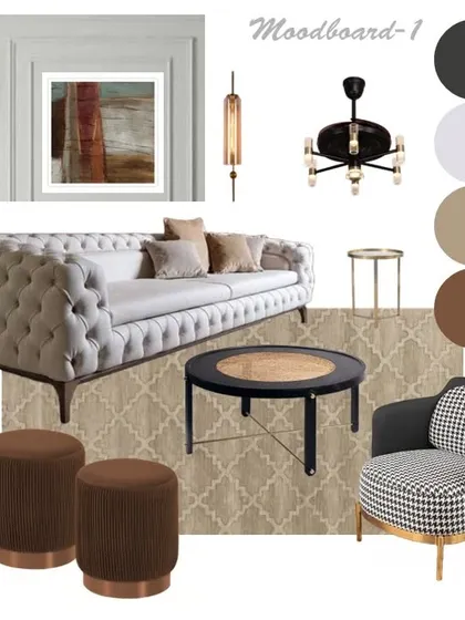 Furniture Mood Boards: Exploring different vibes for a living space. One mood board presents a neutral luxe theme with a chesterfield sofa and earthy tones, while the other offers a pastel chic alternative with pops of pink and blue. This is a key step in my collaborative design process.