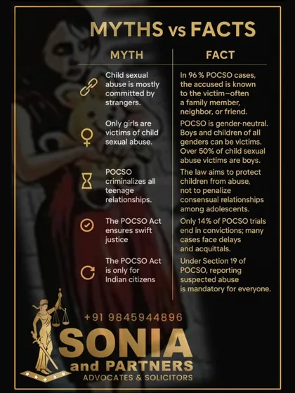 The POCSO Act is a critical law for protecting children, but it is widely misunderstood. This 'Myth vs. Fact' sheet clarifies that abusers are often known to the child, the law is gender-neutral protecting boys and girls equally, and it aims to protect children, not criminalize adolescent relationships. Spreading awareness is the first step in safeguarding our youth.