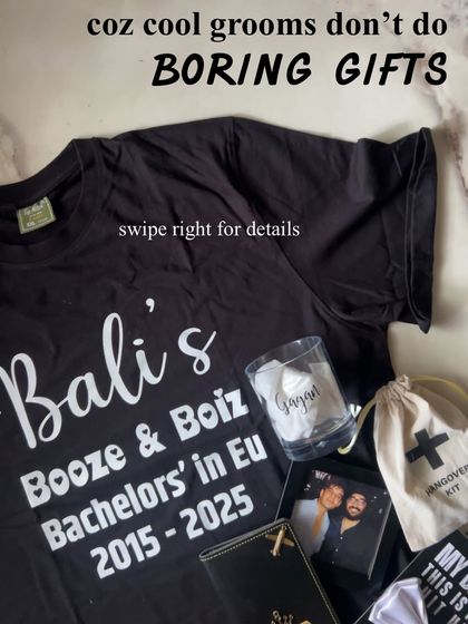 Cool grooms don't do boring gifts. This groomsmen hamper includes a custom t-shirt for the bachelor party, a personalized whiskey glass, and a hangover kit for the morning after.