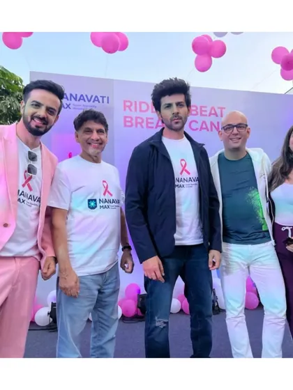 On stage with Bollywood star Kartik Aaryan for the Nanavati Max "Ride to Beat Breast Cancer" cyclothon. It's always great to work with celebrities who lend their voice to important social causes.
