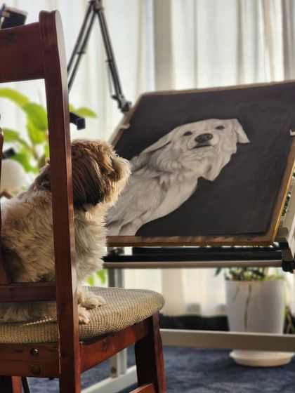 My dog sitting on a chair, looking at the portrait as if giving his final approval.