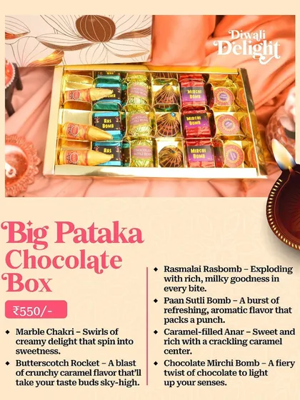 Our "Big Pataka Chocolate Box" for Diwali, featuring unique flavours like Rasmalai Rasbomb, Paan Sutli Bomb, and Chocolate Mirchi Bomb.