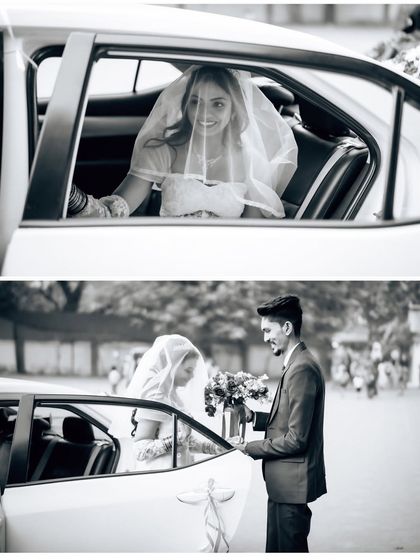 A black and white diptych telling the story of the bride's arrival. The first shot shows her in the car, and the second shows the groom welcoming her.