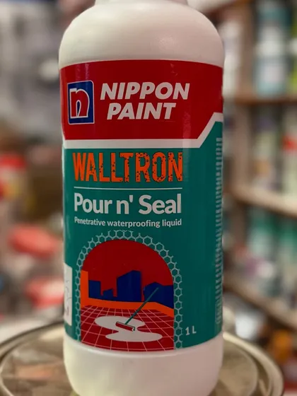 I only use trusted, high-performance products for my projects. This Nippon Paint Walltron Pour n' Seal is an excellent example of a penetrative liquid I use for sealing concrete surfaces on roofs and terraces, ensuring deep protection against water seepage.