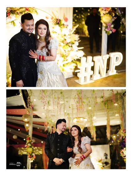 A collage showing the couple posing with their wedding hashtag and in front of a beautifully decorated reception venue.
