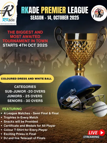 We present the RKade Premier League, our flagship youth cricket tournament. This poster details the professional format, including colored dresses, white ball matches, and multiple age categories, ensuring a premier experience for every player.