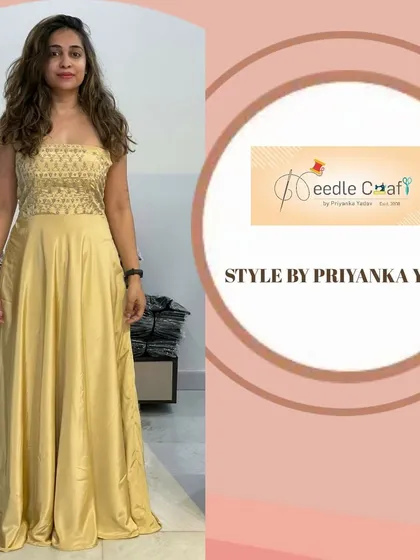 A full view of the custom-fit gold cocktail gown. The client's happy smile says everything about how comfortable and confident she felt.