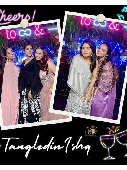 More stylish guests celebrating at the neon-lit cocktail party. Our booth is the best spot to show off your party outfits.