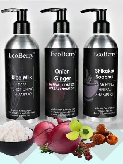 Here is our full range of herbal shampoos, featuring Rice Milk, Onion Ginger, and Shikakai Soapnut. Each is designed to tackle specific hair concerns using the power of natural ingredients.