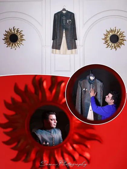 A creative shot of the groom's engagement outfit, with his portrait reflected in a sun-shaped mirror.