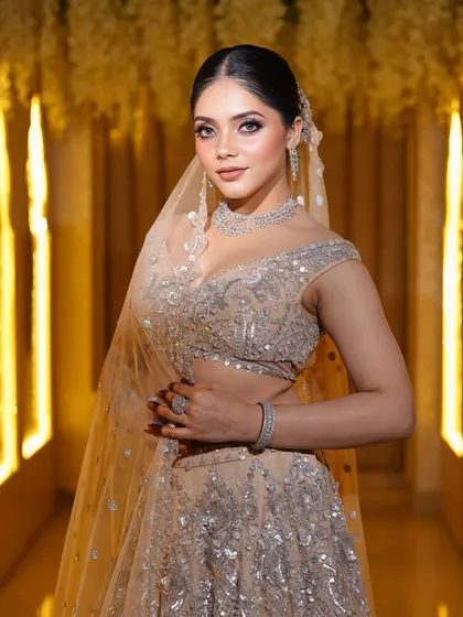 For a modern reception or engagement, I often create looks like this. It features soft, glowing skin, subtly smoked-out eyes, and a neutral matte lip, paired with a sleek, elegant bun. The diamond jewelry and shimmering lehenga complete this sophisticated and contemporary bridal style.