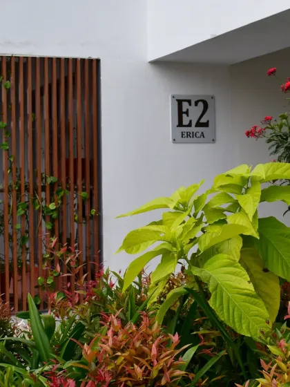 A close-up view at Sona Vistaas shows the interplay of materials and planting. The wooden screen provides privacy and a natural texture, while the vibrant foliage softens the building's edge and contributes to a healthier microclimate.