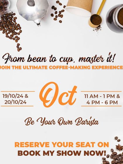 'From bean to cup, master it!' This poster for our October barista event emphasizes learning the complete coffee-making process.