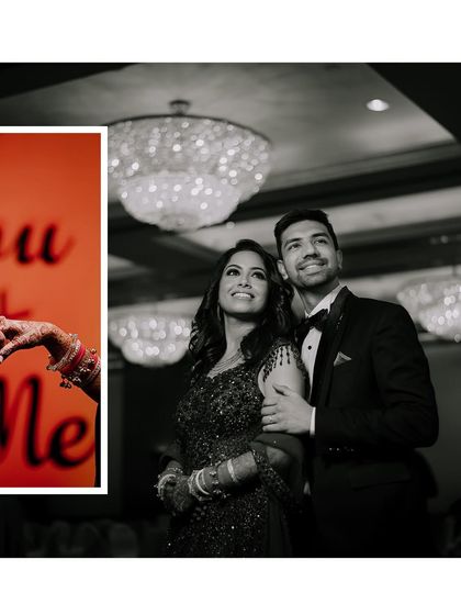 A stylish black and white photo from a reception party, capturing the couple looking towards their future together. The collage also highlights the intricate mehendi details.