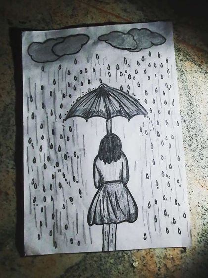 A simple and evocative pencil sketch of a girl in the rain, capturing a quiet and thoughtful moment.