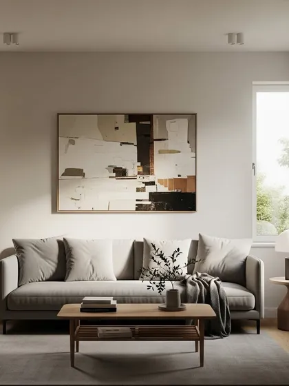 A calm and minimalist living room setup with a comfortable grey sofa, wooden coffee table, and abstract art. The focus is on clean lines, natural light, and a neutral color palette to create a relaxing environment.