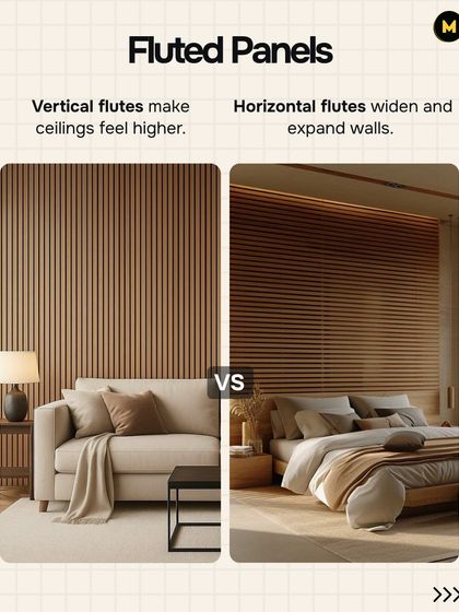 The direction of fluted panels can change the feel of a room. Vertical flutes make ceilings feel higher, while horizontal flutes can make a wall feel wider and more expansive.