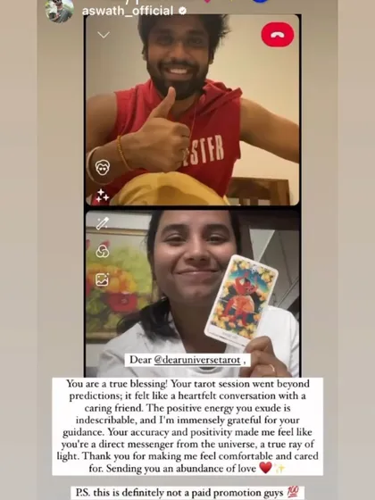 It was a pleasure connecting with celebrity client Aswath for a personal tarot session. This image captures the positive energy of our reading, which he described as a heartfelt conversation with a caring friend. I'm grateful to be a messenger for the universe and provide guidance that feels supportive and clear.
