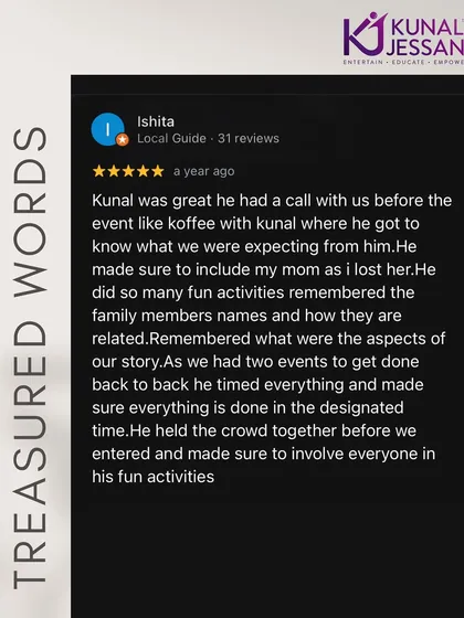 This review is incredibly special. The bride mentioned how I made sure to include her late mother's memory in the event. It's these personal touches that fuel my passion.