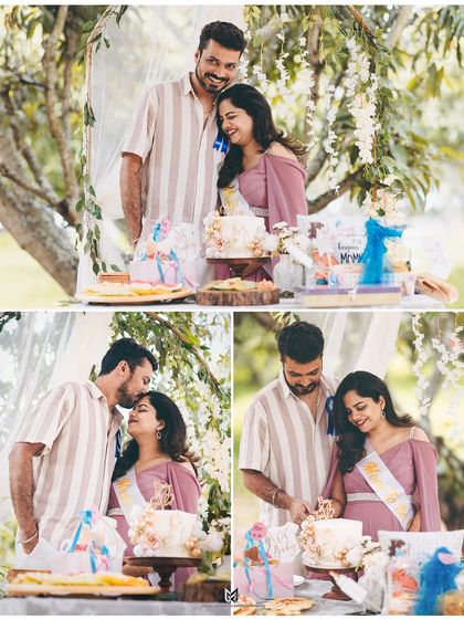 A collage of celebratory moments. These photos show the couple cutting the cake, sharing a kiss, and enjoying their beautifully decorated baby shower.