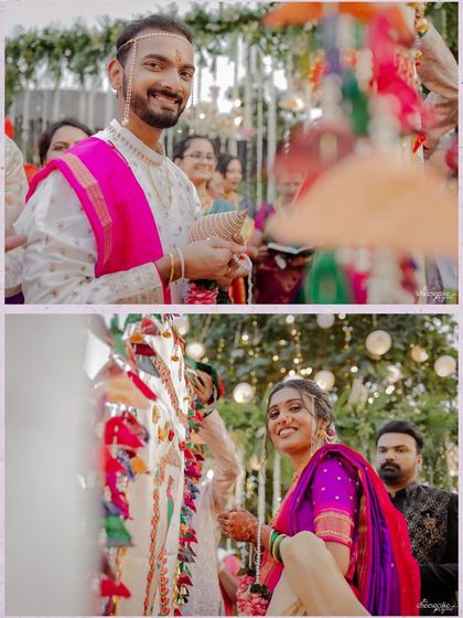 The bride and groom's smiling faces as the 'antarpat' is lowered.