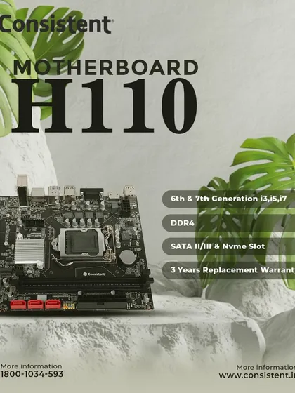 Our H110 motherboard, presented in a clean, natural setting, supports 6th and 7th generation Intel processors. It comes equipped with DDR4 memory support and an NVMe slot, all protected by a 3-year replacement warranty.