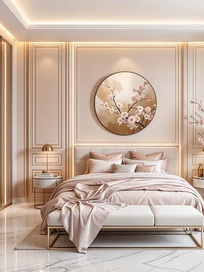 A Sakura-inspired bedroom where a circular art piece with cherry blossoms hangs above the bed, creating a soft, dreamy ambiance.