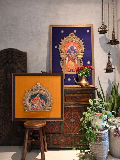 A set of two magnificent vintage Prabhavalis that a client sent to me for restoration and framing. The larger one features a custom-painted Vishnu, while the smaller one houses a Ganesha, both set against rich, hand-selected silk fabrics.