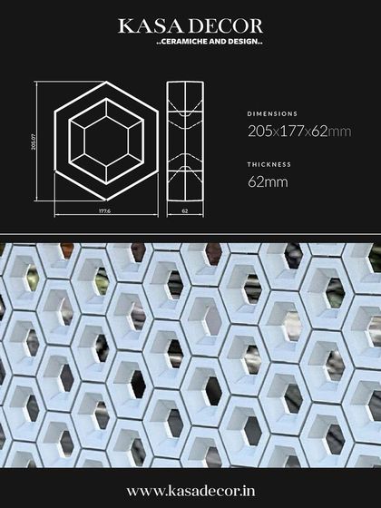 A technical drawing and image of our hexagonal 'Osmosis' tile. These customizable color tiles can be used to create stunning and functional partition walls.