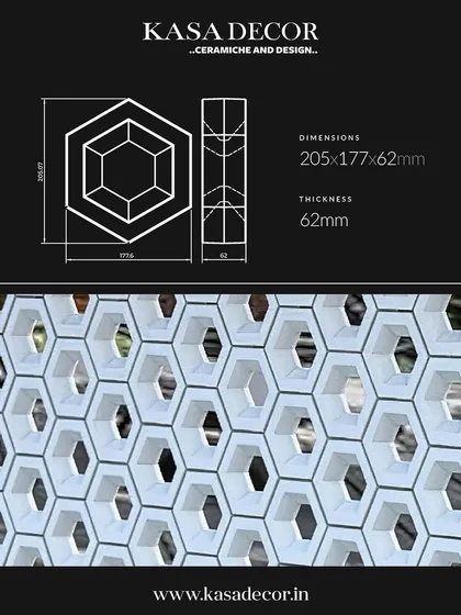 A technical drawing and image of our hexagonal 'Osmosis' tile. These customizable color tiles can be used to create stunning and functional partition walls.