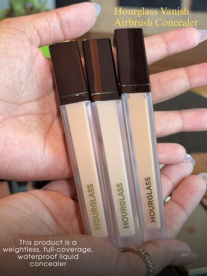 For concealer, I love the Hourglass Vanish Airbrush Concealer. This product is a weightless, full-coverage, waterproof liquid concealer that brightens and hides without creasing.