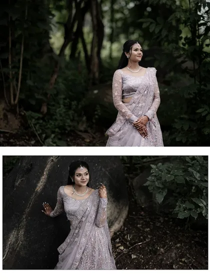 A diptych of a bride in a delicate lavender saree, posing in a serene, wooded area. The photos have a soft, romantic, and almost magical feel.