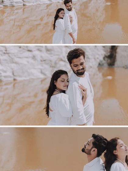 A collage of a couple in white, sharing tender embraces and enjoying the sun at a scenic quarry location.