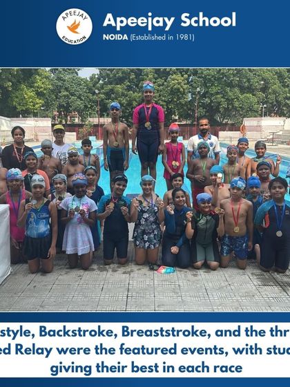 A group photo of all the participants and winners of the swimming competition. The event featured freestyle, backstroke, breaststroke, and a thrilling mixed relay, with students giving their best in each race.