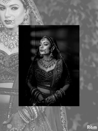 An artistic black and white collage of the bride, with a close-up portrait that exudes intensity and elegance.