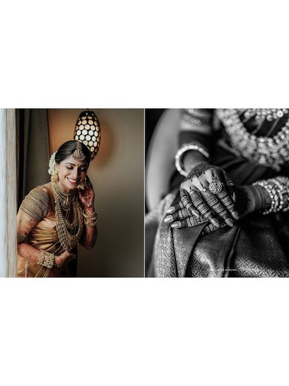 A collage focusing on the beautiful details of Sradha's bridal look, from her happy smile to the intricate henna on her hands.