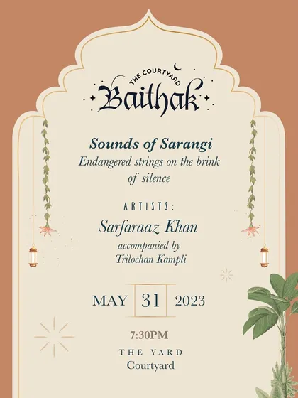 A poster for a sarangi solo concert, highlighting the "endangered strings" of this beautiful instrument. I am passionate about helping showcase the sarangi through my tabla accompaniment.