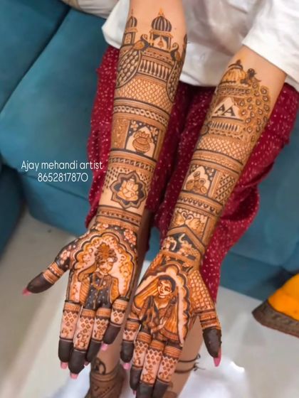 This design showcases my ability to create detailed portraits. The bride and groom figures are clearly defined, with intricate patterns filling the rest of the hands.