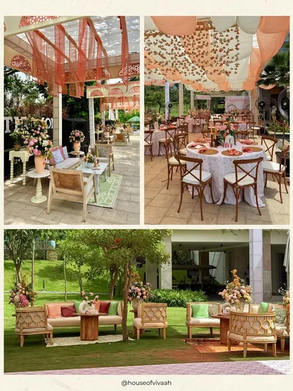 A collage of a peach and cream themed Welcome Lunch, showing the poolside lounge, elegant dining tables with wooden chairs, and the overall light and airy atmosphere.