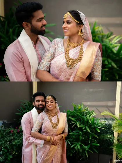 A diptych showing both a formal pose and a candid, happy moment. This combination is key to telling a complete wedding story.