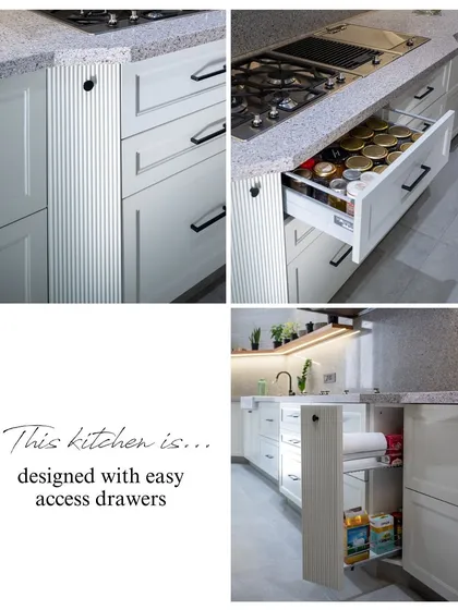 This collage shows the smart, easy-access drawers in the white kitchen, including a vertical pull-out for oils and spices. These details make the kitchen highly functional and user-friendly.