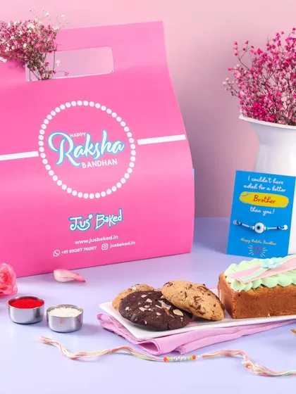 A beautiful shot of our Rakhi hamper, complete with a teacake, cookies, and traditional roli-chawal. It’s everything you need for the ceremony.