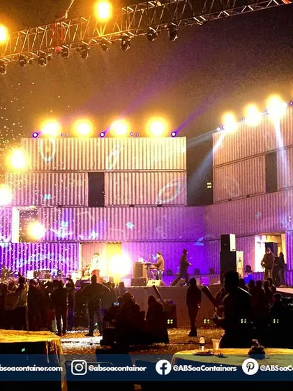 Our containers can be transformed into dynamic backdrops for major events. This image shows a multi-level structure we created for a gala night, complete with stage lighting and a live concert, highlighting our versatility.