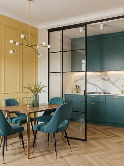 Here, a glass partition separates the vibrant dining area from a sleek teal kitchen, creating a cohesive yet distinct look.