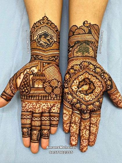 An intricate and asymmetrical bridal set. One hand features a bird in a central frame, while the other has a lantern and bird motif, all tied together with dense, traditional patterns.