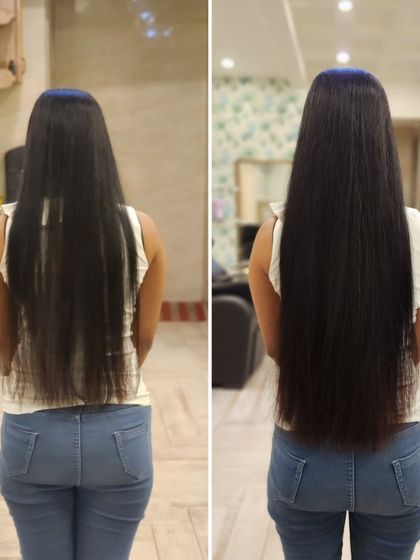 A perfect example of adding both length and volume for a fuller look. The 'after' shot shows how the extensions create a thicker, healthier appearance.